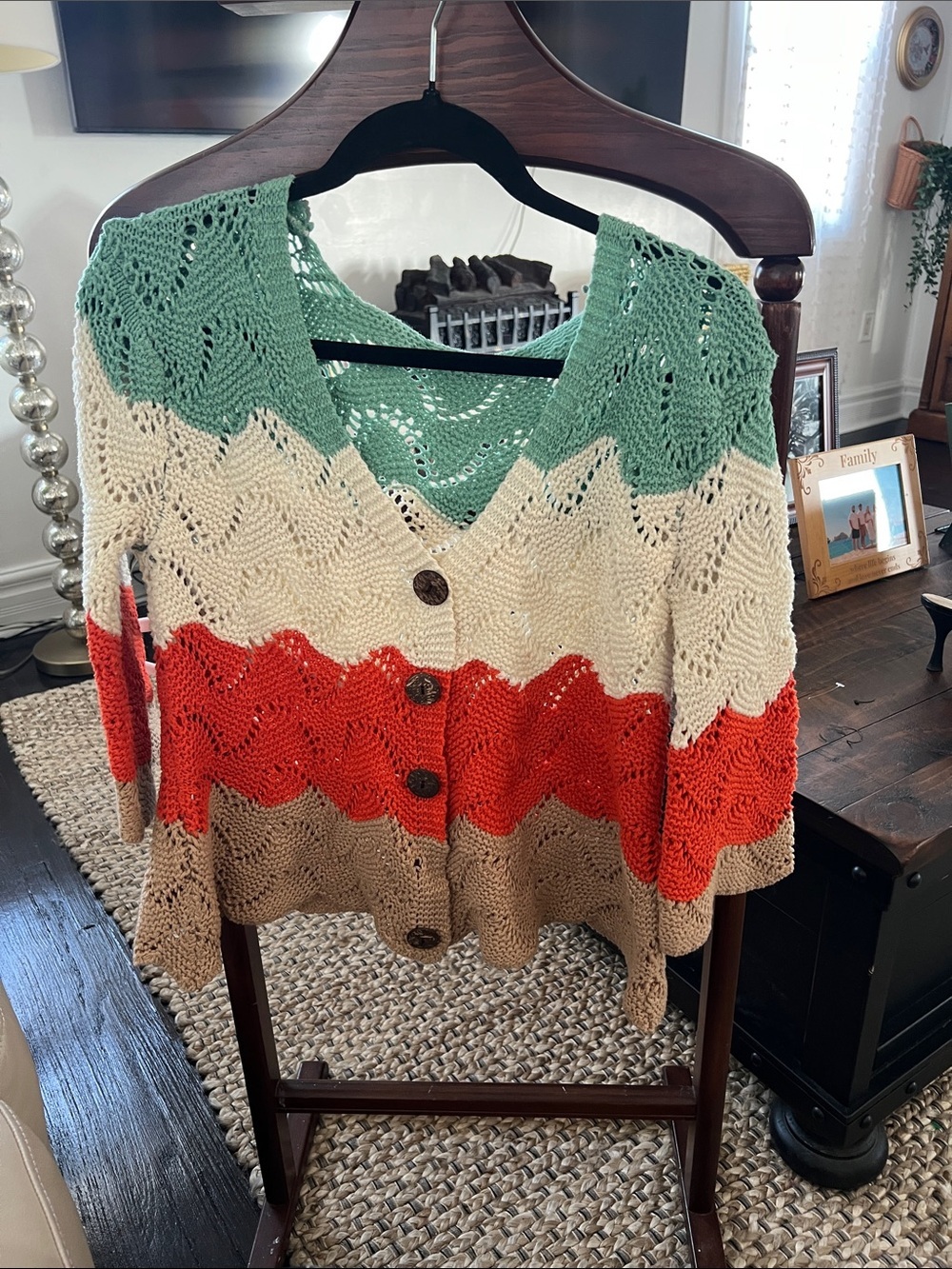 Chunky Chevron Crochet Button-Front Sweater Cardigan - Green Cream Coral Tan
